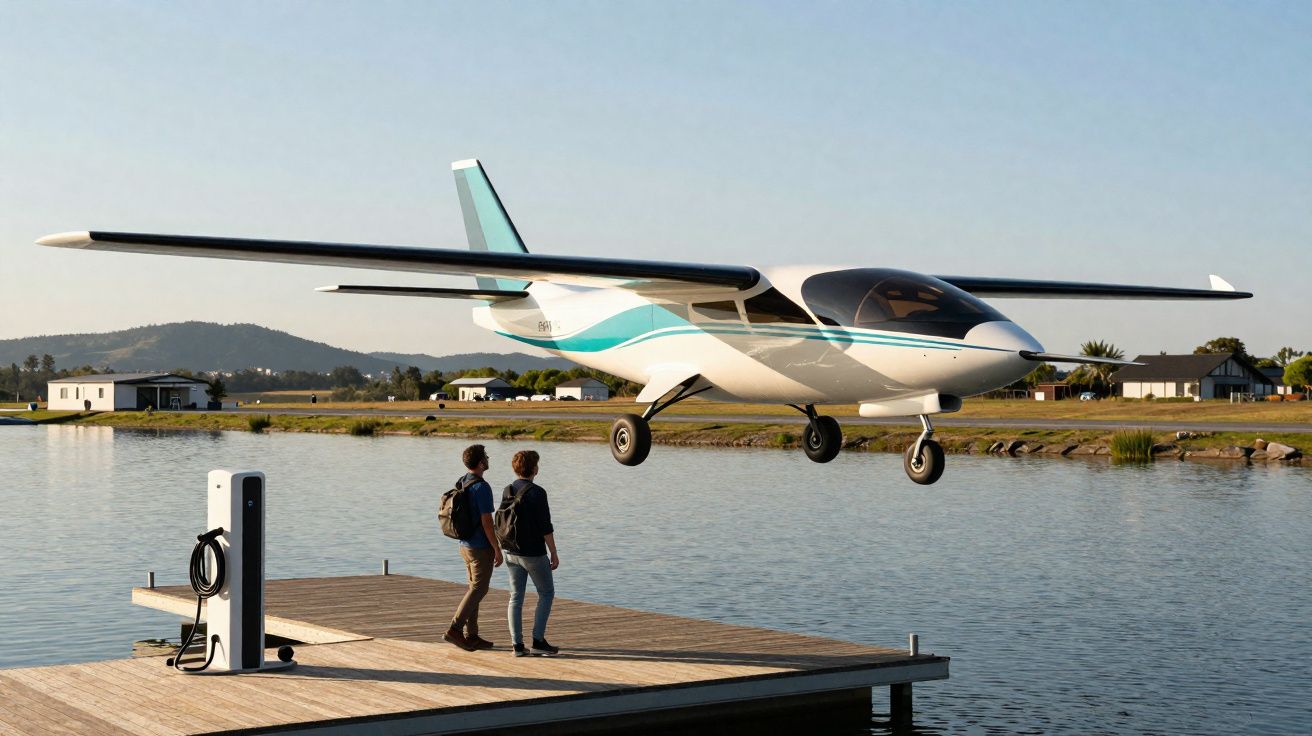 Avião elétrico a aterrar num cais junto a dois homens junto a água ao entardecer.