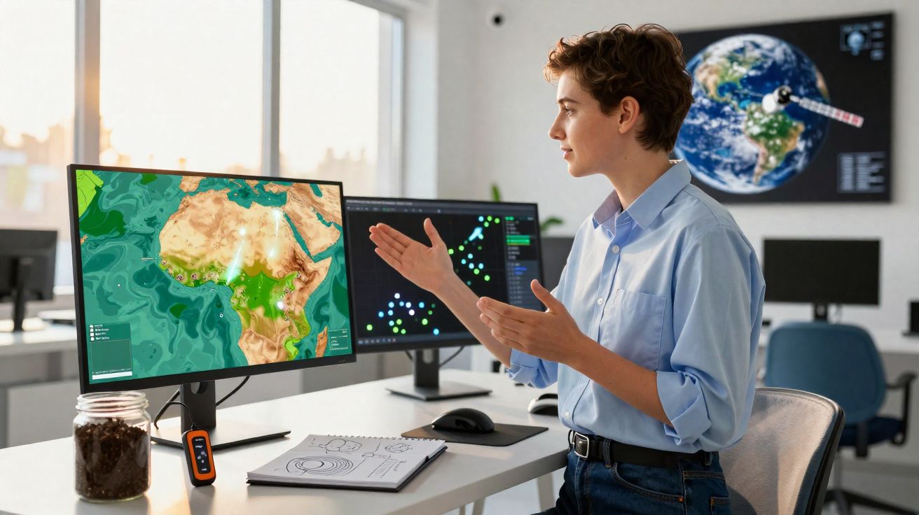 Pessoa num escritório com duas monitores, mapas digitais e gráficos, explicando dados geográficos.