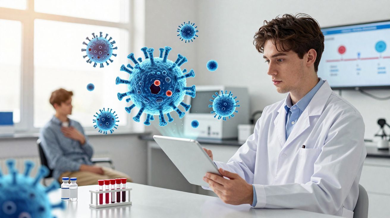 Médico a analisar dados num tablet com paciente ao fundo e imagens digitais do vírus em clínica.