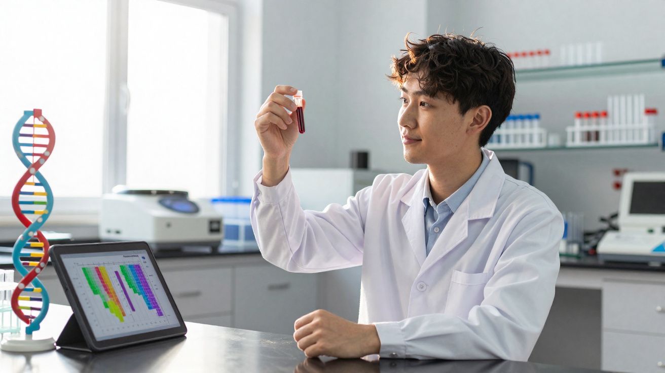 Cientista em bata branca observa tubo com líquido vermelho num laboratório moderno e organizado.