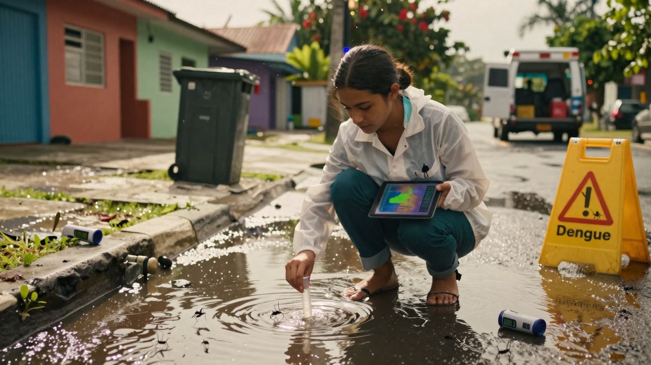 Mulher com bata recolhe amostras de água de poça numa rua, com sinal de aviso de dengue ao lado.
