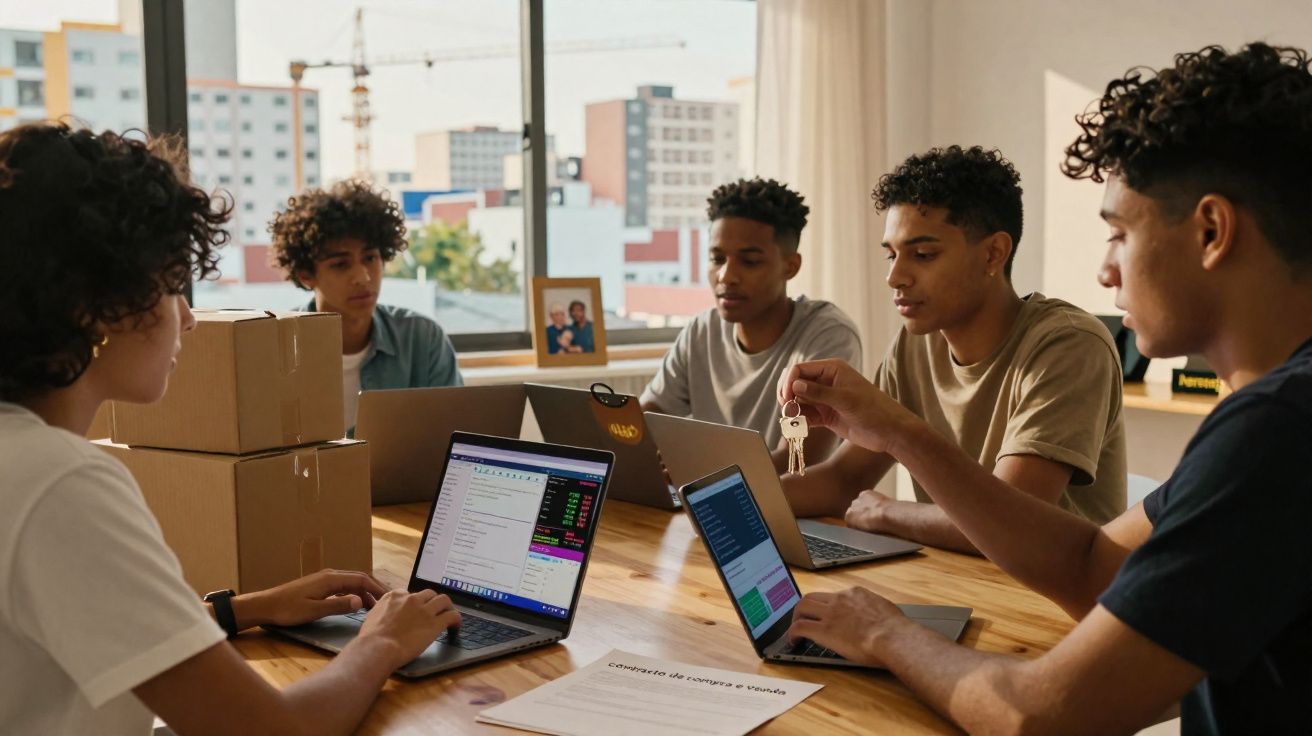 Cinco jovens com computadores portáteis sentados à volta de uma mesa, discutindo juntos numa sala iluminada.