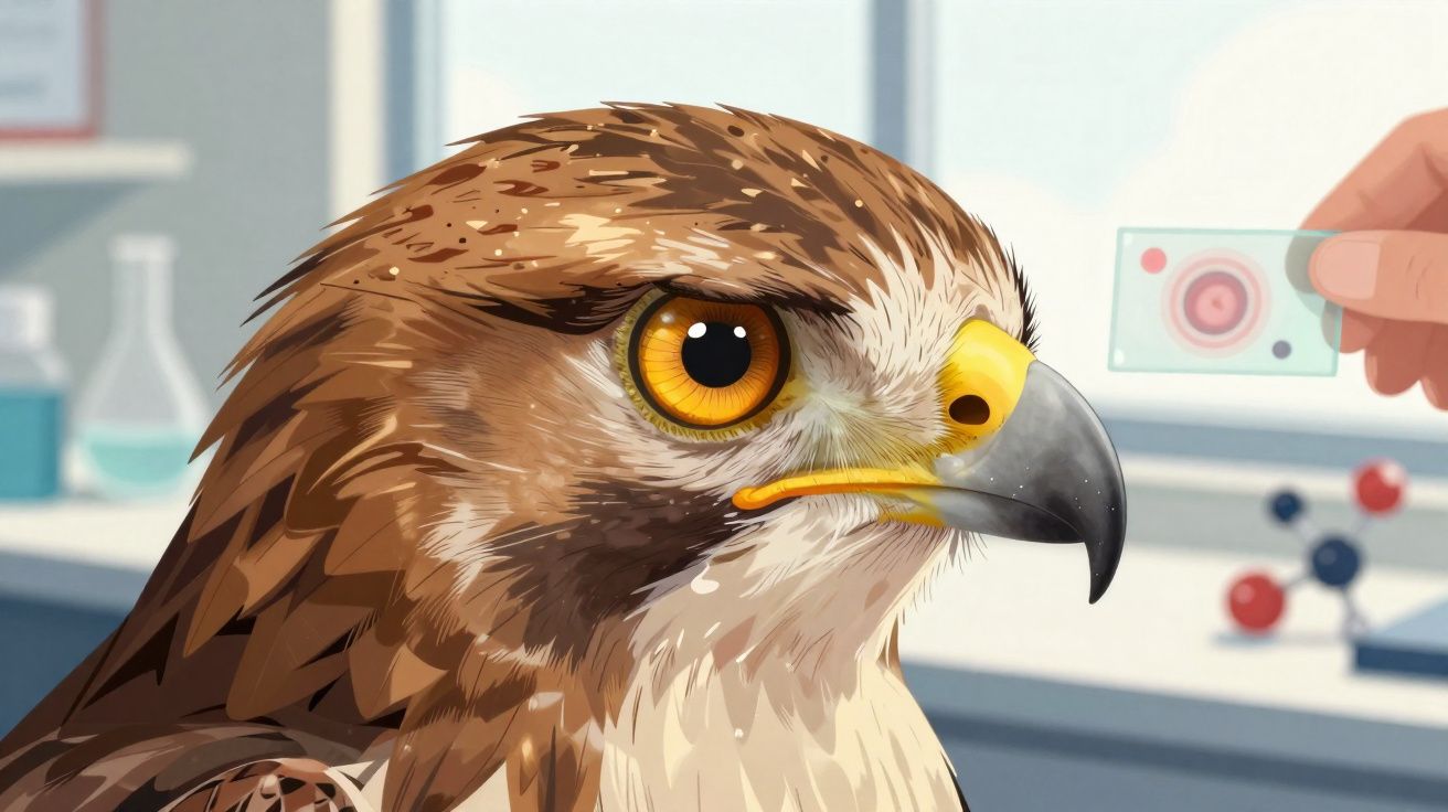 Falcão com olhar atento em laboratório, com mão humana segurando lâmina de microscópio ao fundo.