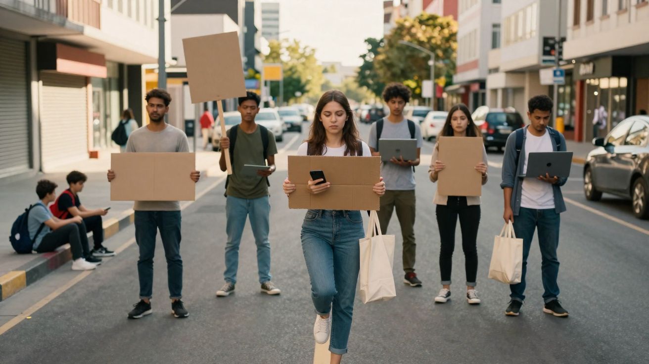 Jovens em protesto numa rua com cartazes em branco e dispositivos eletrónicos nas mãos.