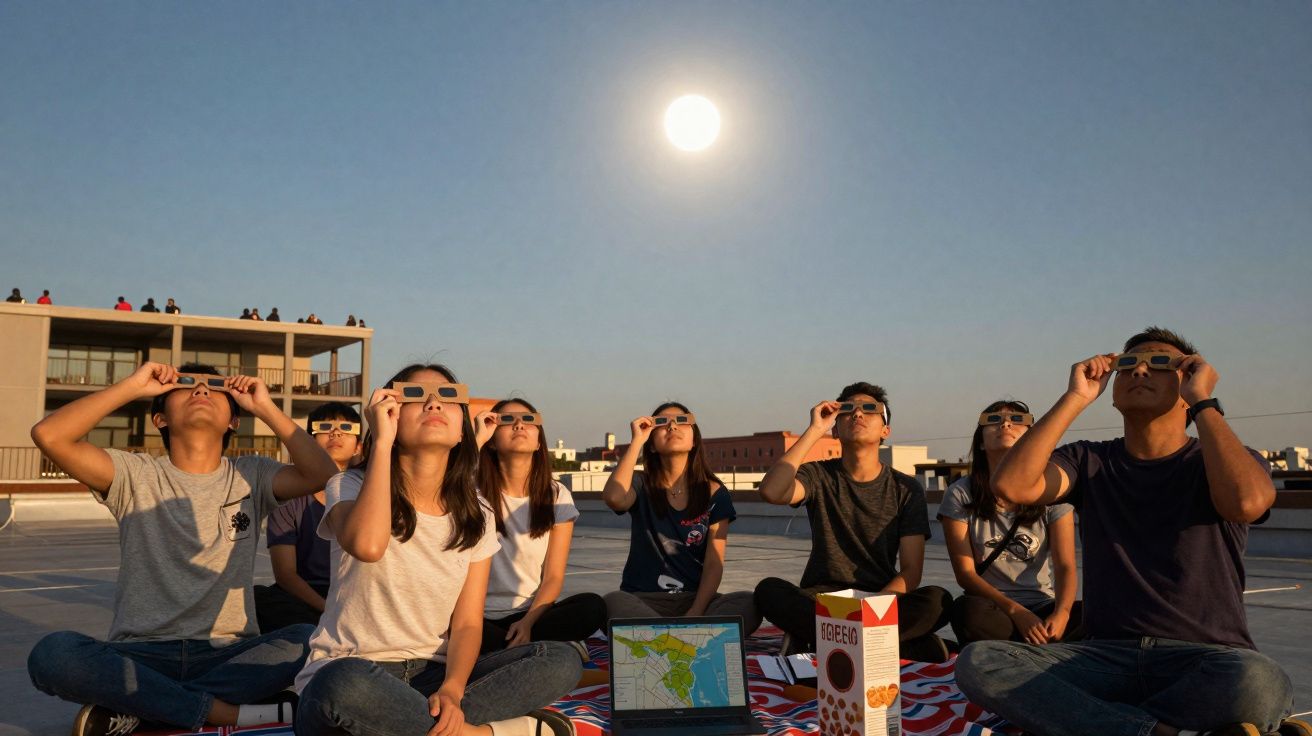 Grupo de pessoas sentadas no terraço a observar o eclipse solar com óculos especiais ao pôr do sol.