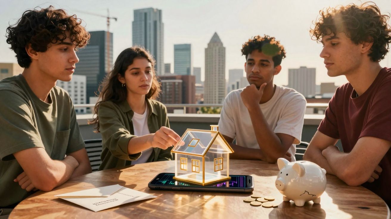 Quatro jovens sentados à mesa discutem finanças com uma figura digital de uma casa sobre um smartphone.