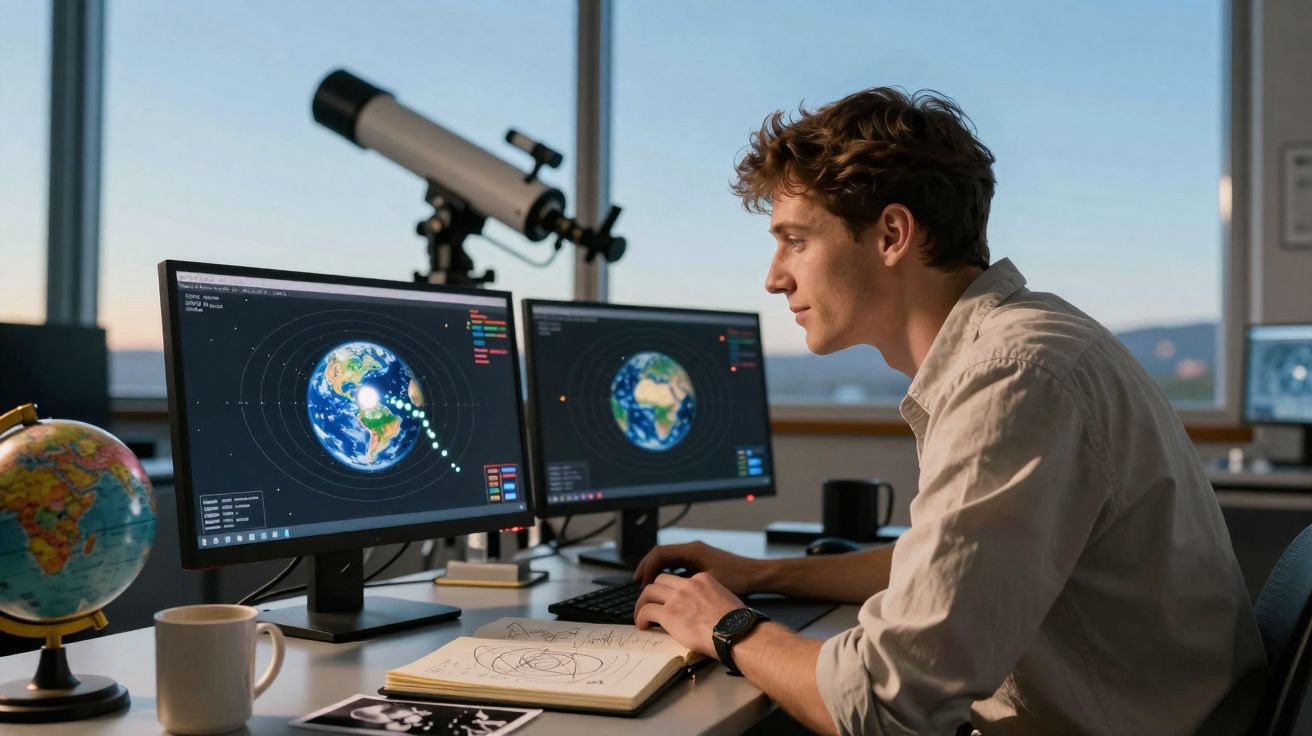 Homem a analisar mapas terrestres em dois ecrãs de computador numa sala com telescópio e globo terrestre.