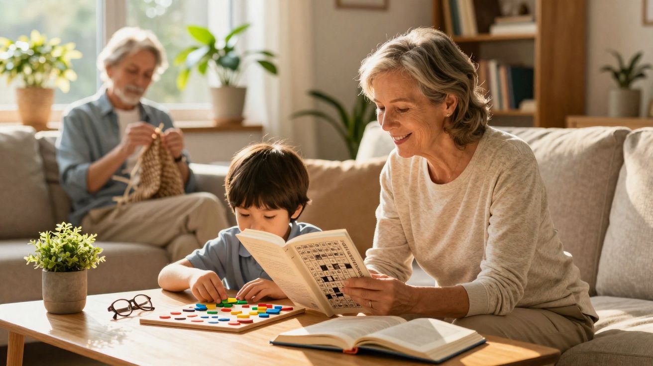 Avó lê livro para neto brincar com peças coloridas enquanto avô faz tricô em sala iluminada.