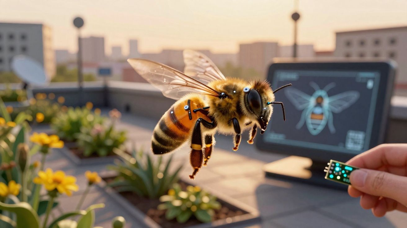 Abelha robótica voando perto de mão humana com chip eletrónico num terraço com flores e edifícios ao fundo.