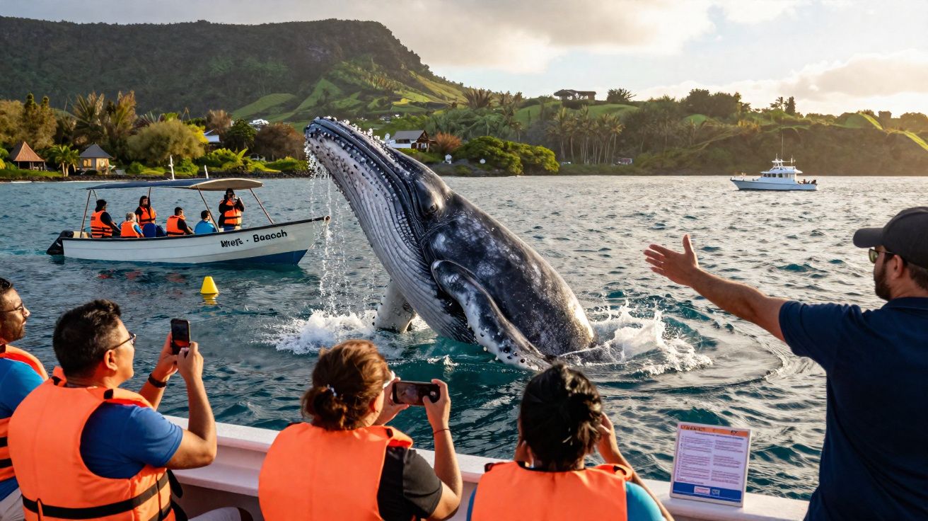 Baleia a saltar perto de barcos com pessoas a observar e fotografar durante passeio de observação marítima.