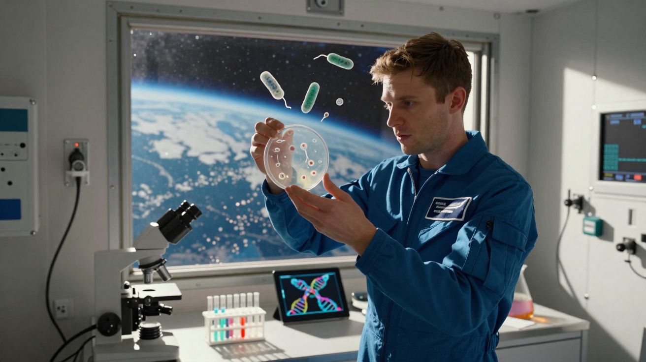 Cientista no espaço examina cultura de bactérias numa placa de petri com vista para a Terra.