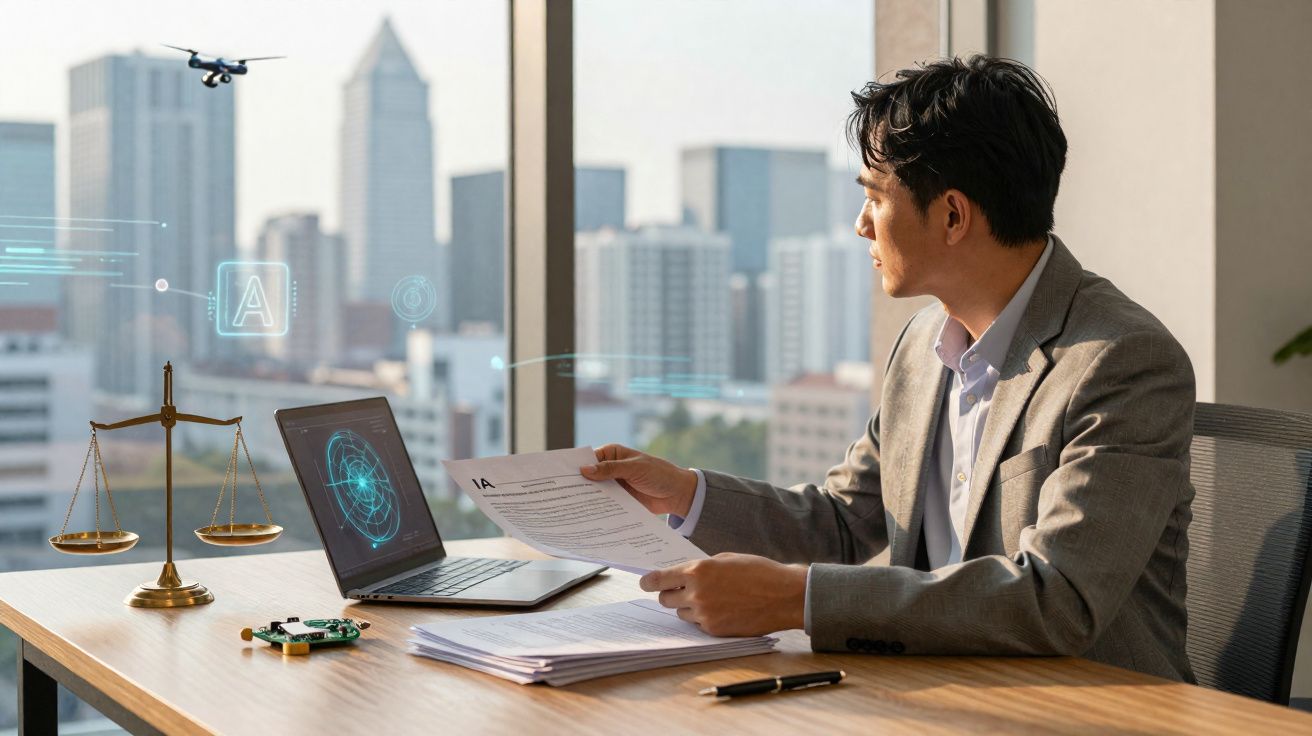 Homem de negócios sentado à secretária com documentos, laptop e balança, numa sala com vista para a cidade.