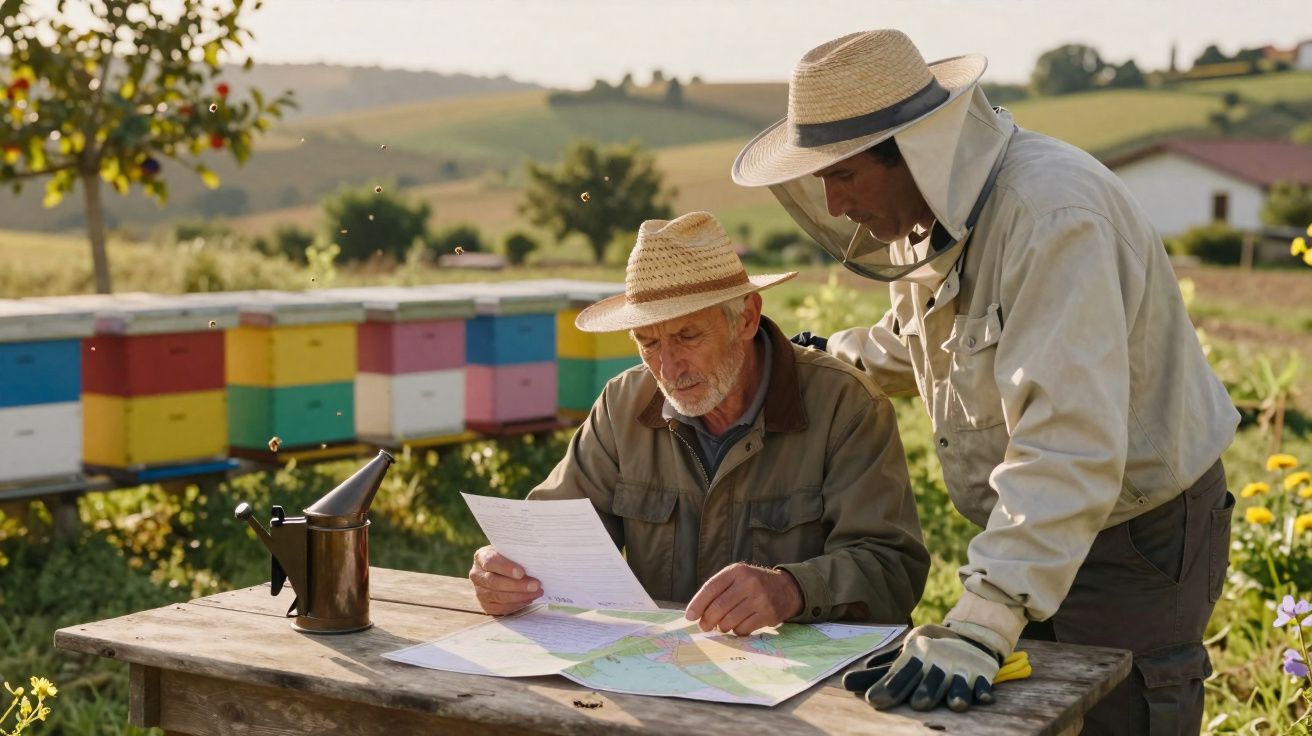 Dois apicultores consultam documentos junto a colmeias coloridas numa paisagem rural.