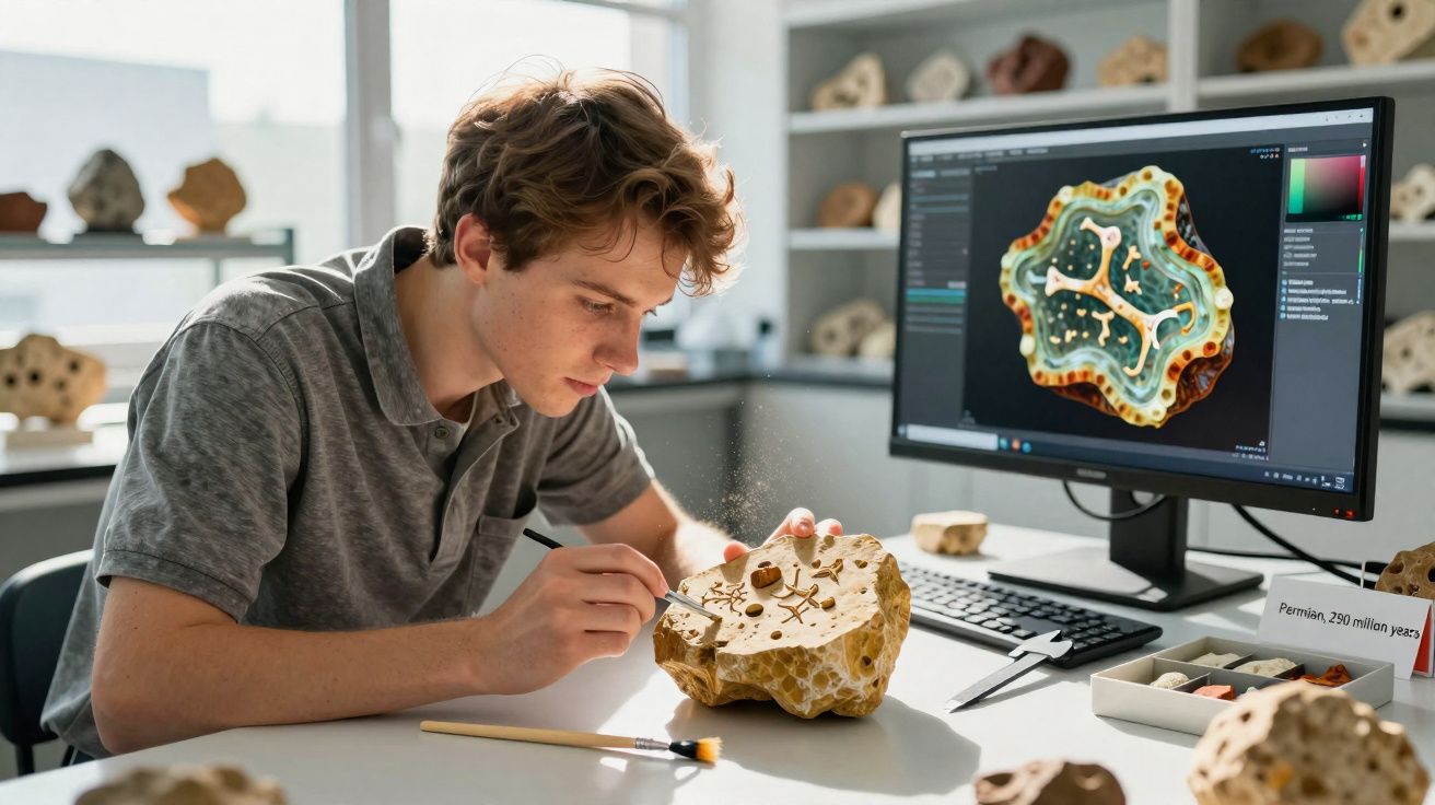 Jovem a estudar e escavar detalhe de fóssil em laboratório com imagens 3D no computador.