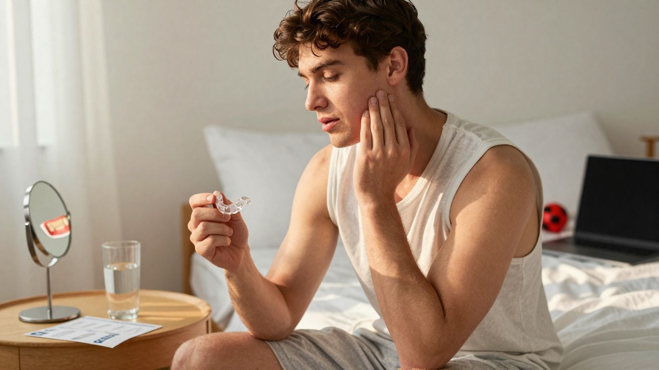 Homem sentado na cama a segurar um alinhador dental e a tocar a mandíbula com expressão de desconforto.