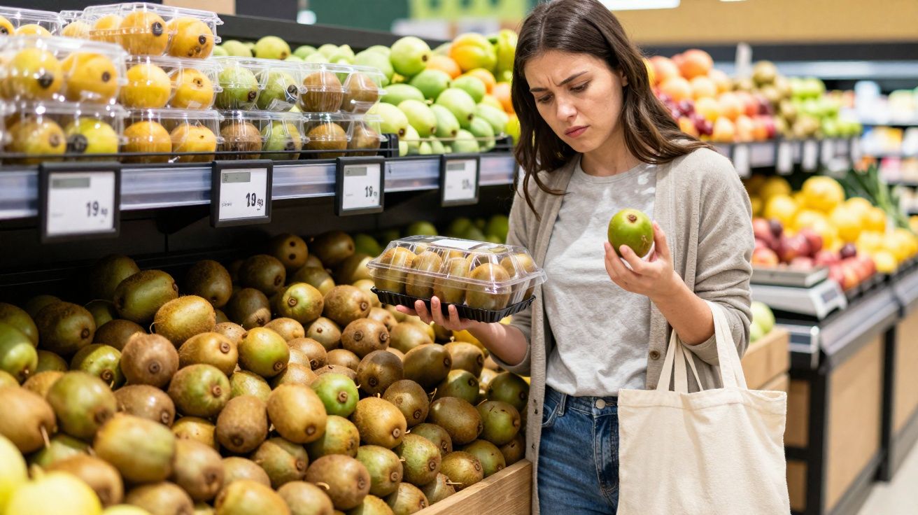Mulher com saco de pano escolhendo kiwis frescos numa frutaria num supermercado.