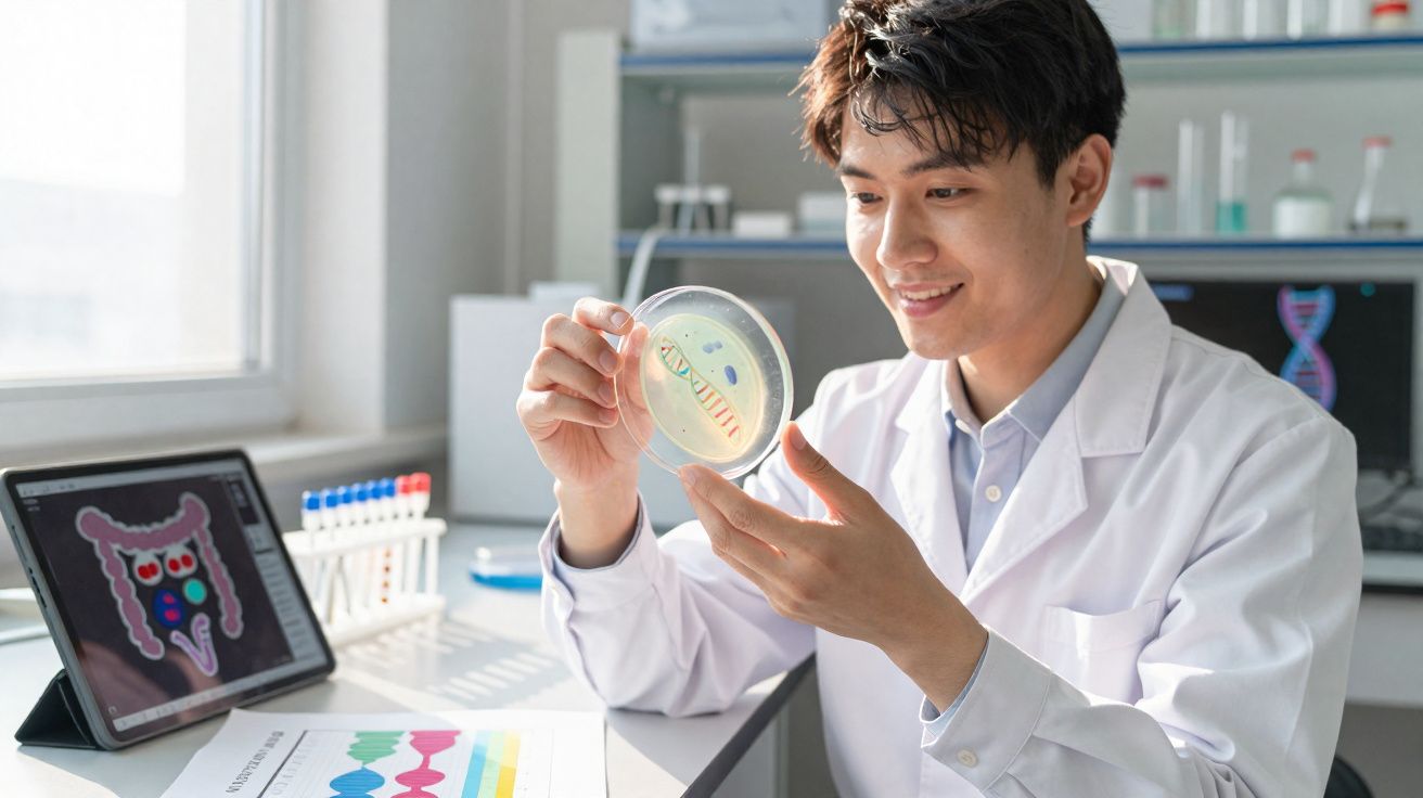 Cientista numa bancada de laboratório a analisar placa de Petri com representação de ADN.