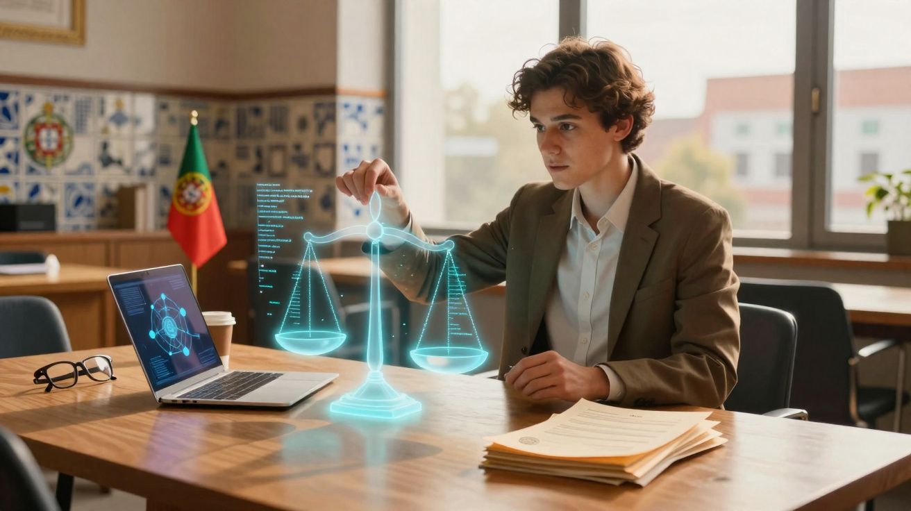 Jovem em escritório jurídico com balança da justiça holográfica e laptop aberto numa mesa de madeira.