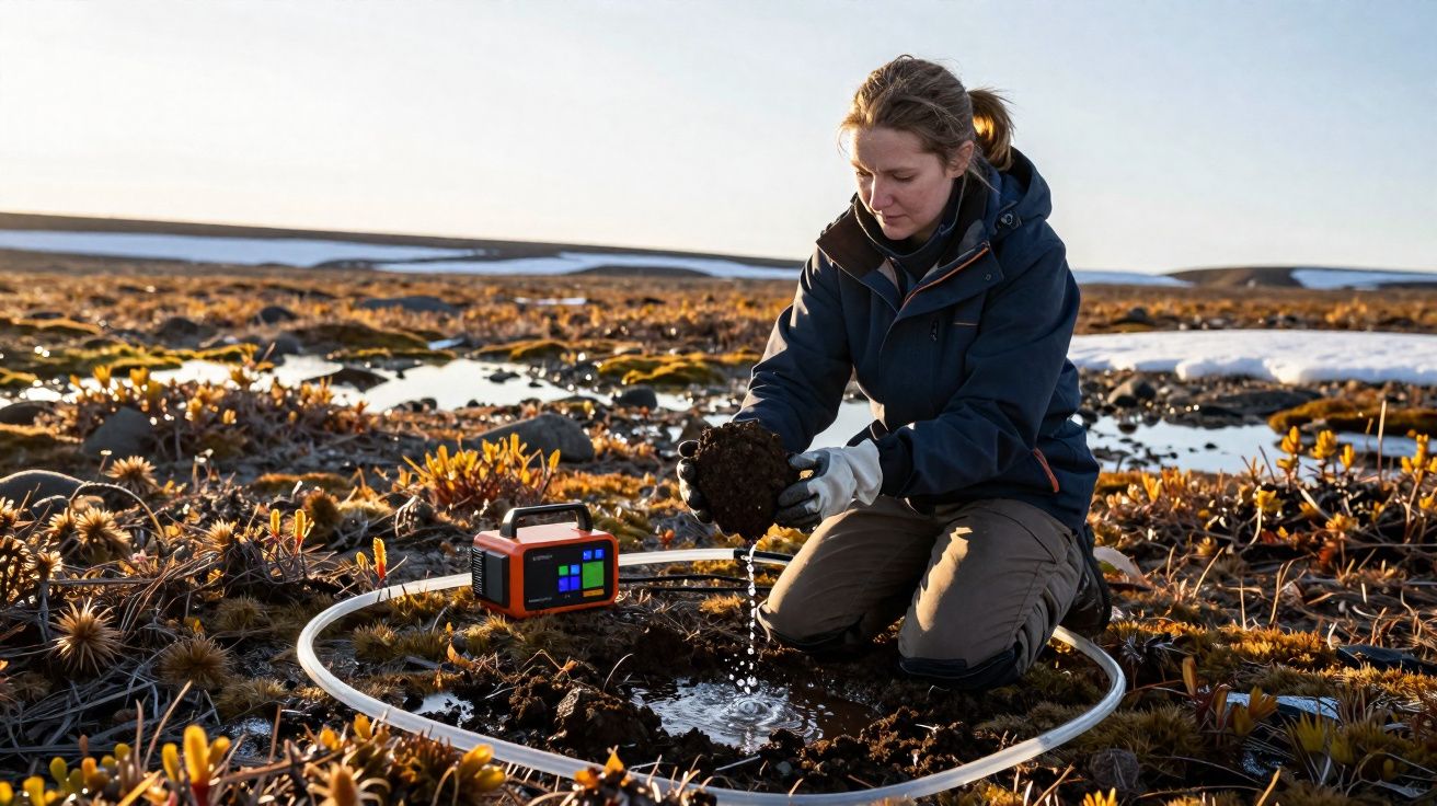 Mulher vestida com casaco azul analisa solo húmido num campo aberto durante pôr do sol.