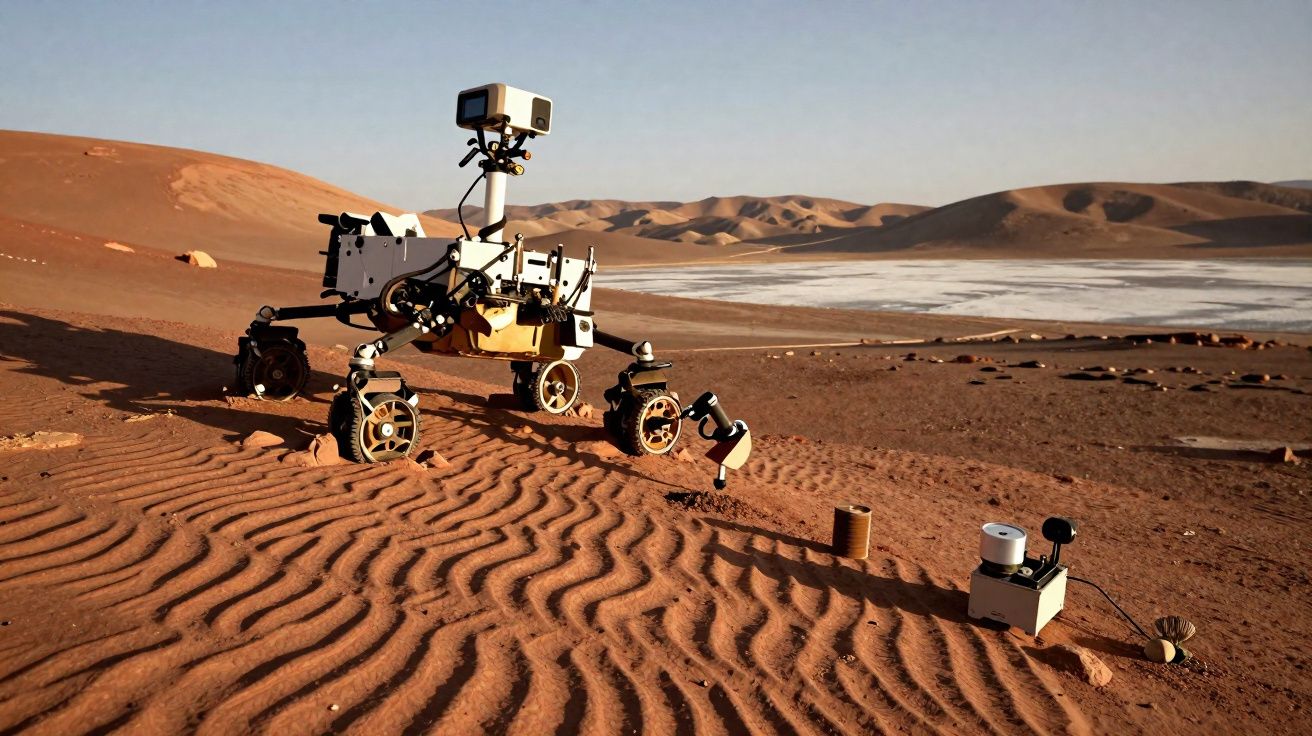 Rover exploratório em solo árido com dunas e formações rochosas ao fundo sob céu limpo.