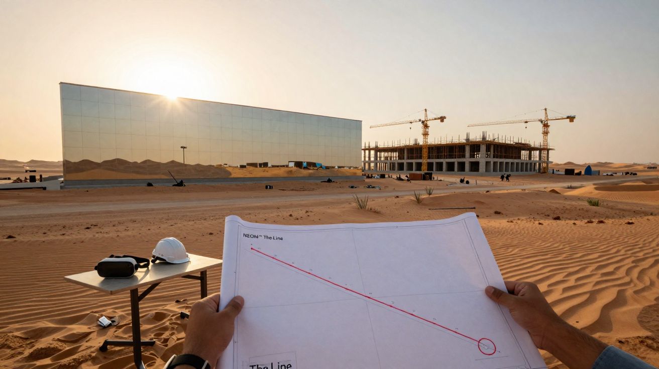 Mãos seguram planta de construção no deserto, com edifício espelhado, grua e capacete numa mesa ao fundo.