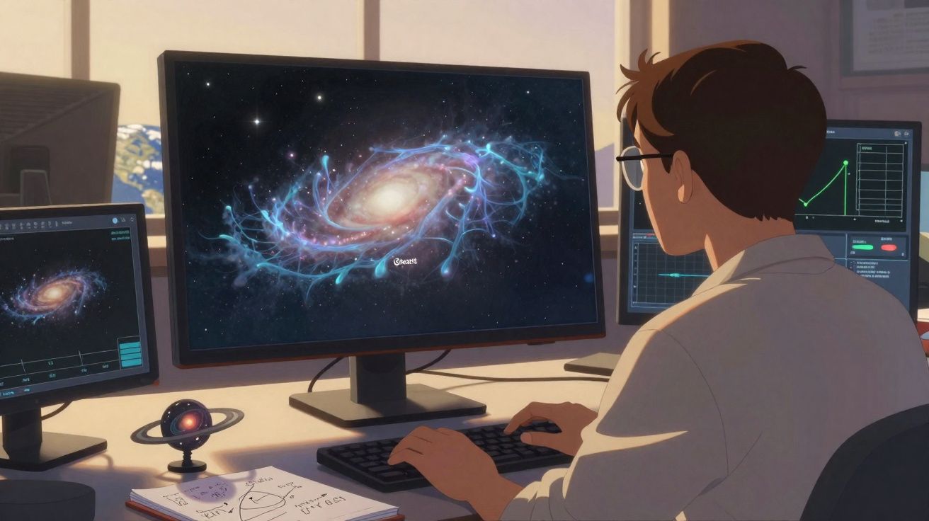Pessoa a trabalhar num computador com imagens de galáxias e gráficos científicos na secretária.