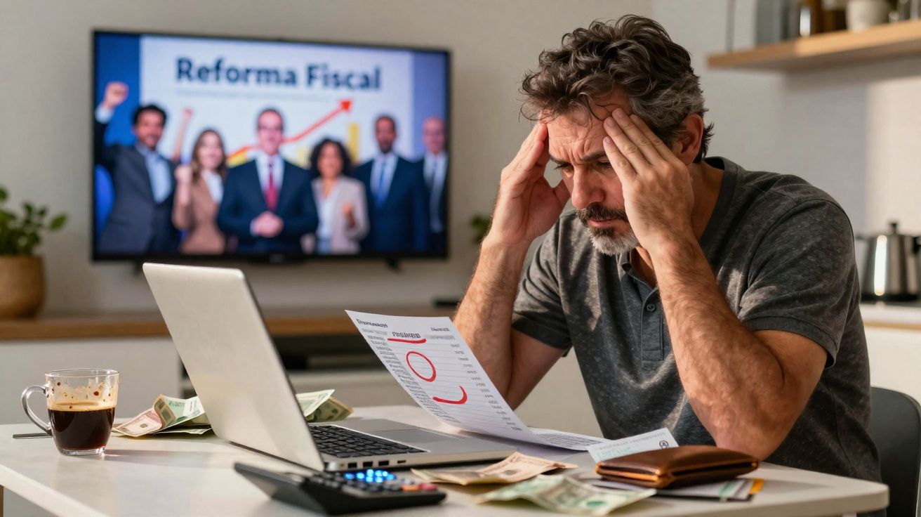 Homem preocupado a analisar contas e dinheiro em casa com televisão sobre reforma fiscal ao fundo.