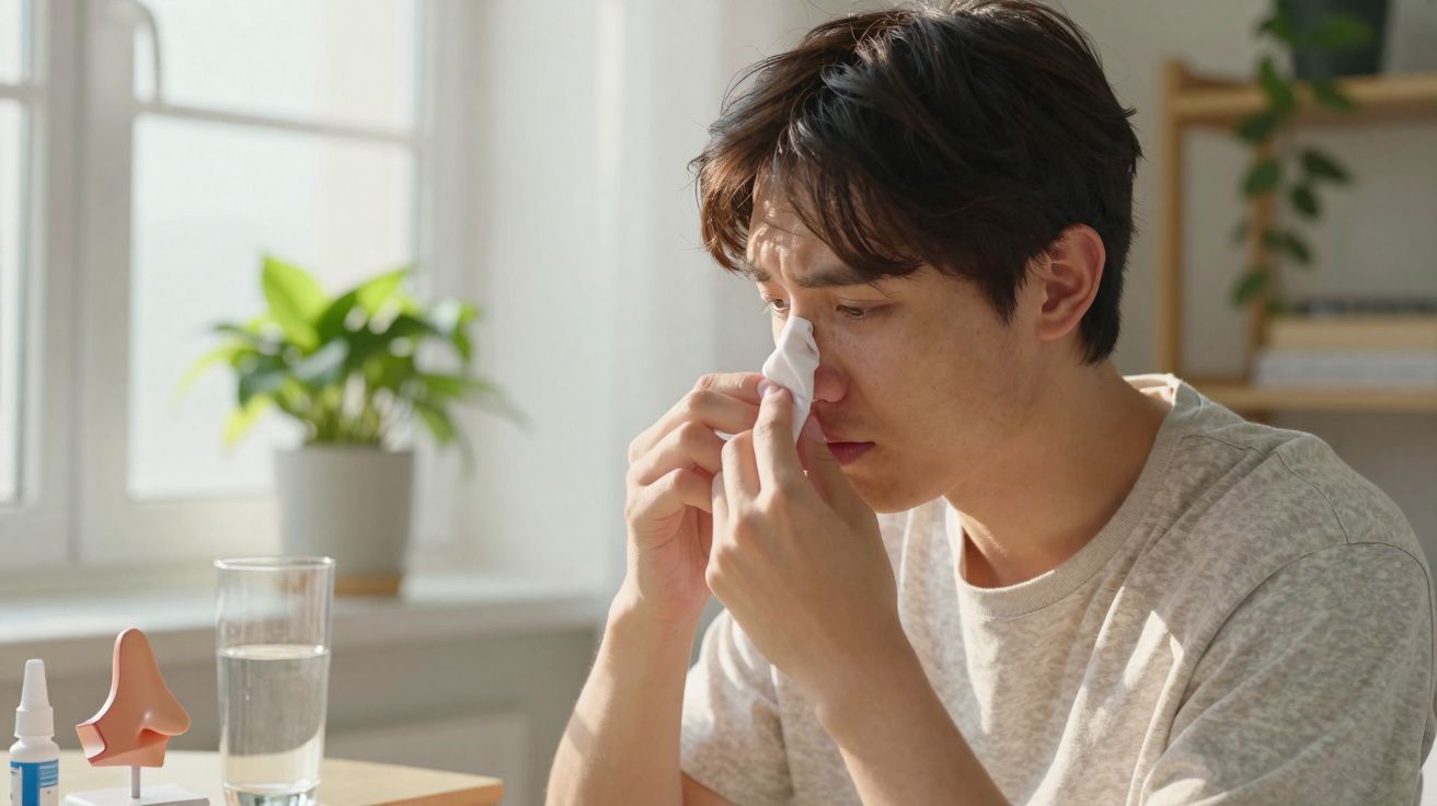 Homem a assoar o nariz com um lenço num ambiente iluminado e com plantas ao fundo.