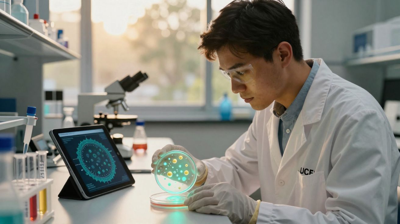 Cientista em bata branca e óculos de proteção analisa placa de Petri com cultura em laboratório.