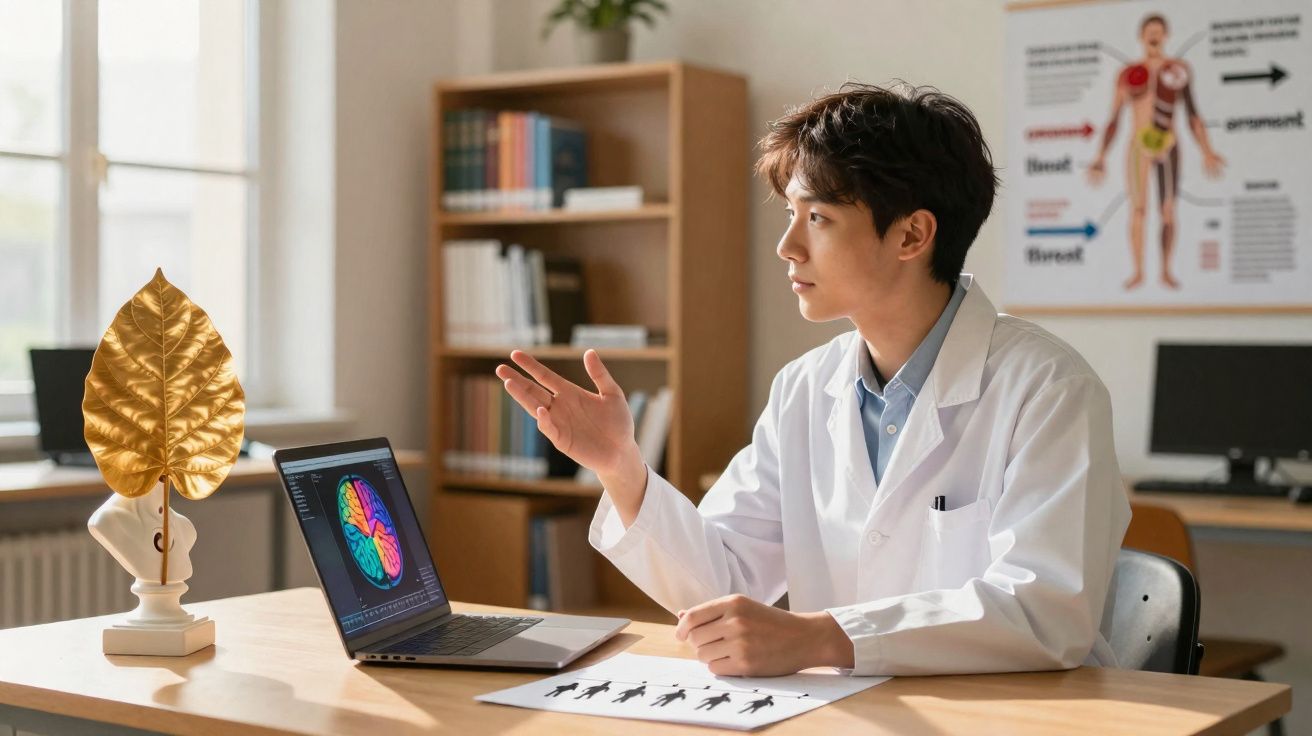 Homem com bata branca sentado em secretária a analisar imagem colorida de cérebro num portátil.