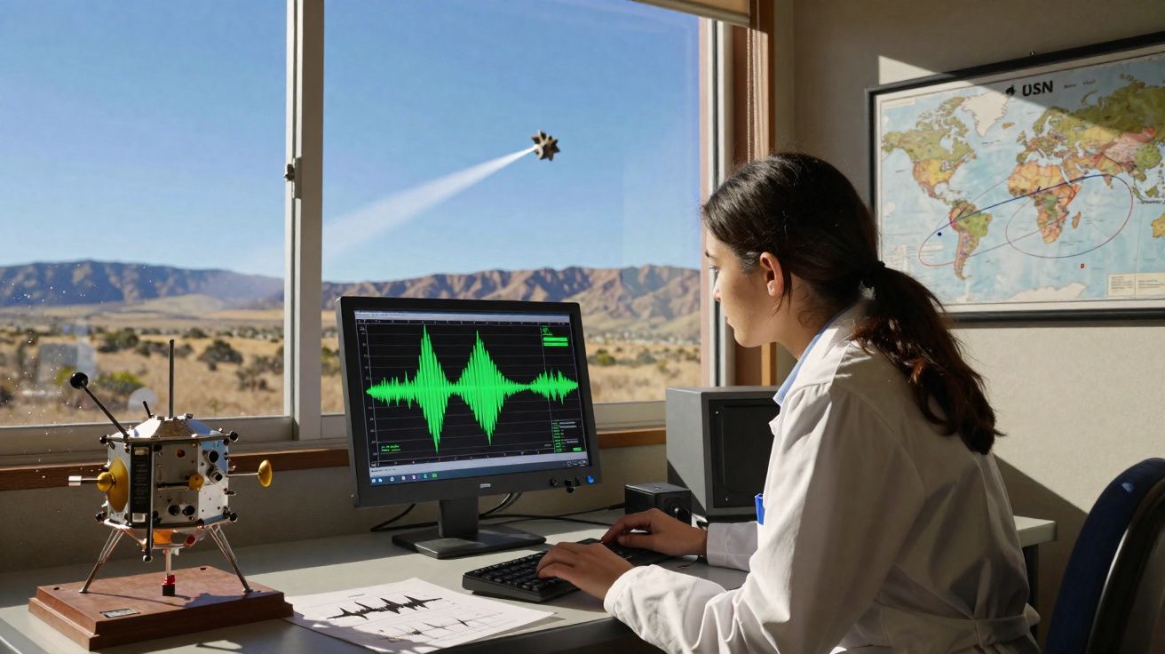 Mulher cientista analisa dados de ondas sonoras no laboratório com modelo de sonda espacial junto à janela.