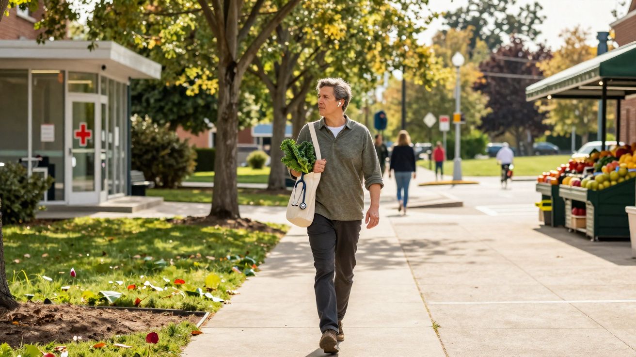 Homem a caminhar numa calçada com legumes numa bolsa, em ambiente urbano com árvores e banca de frutas.