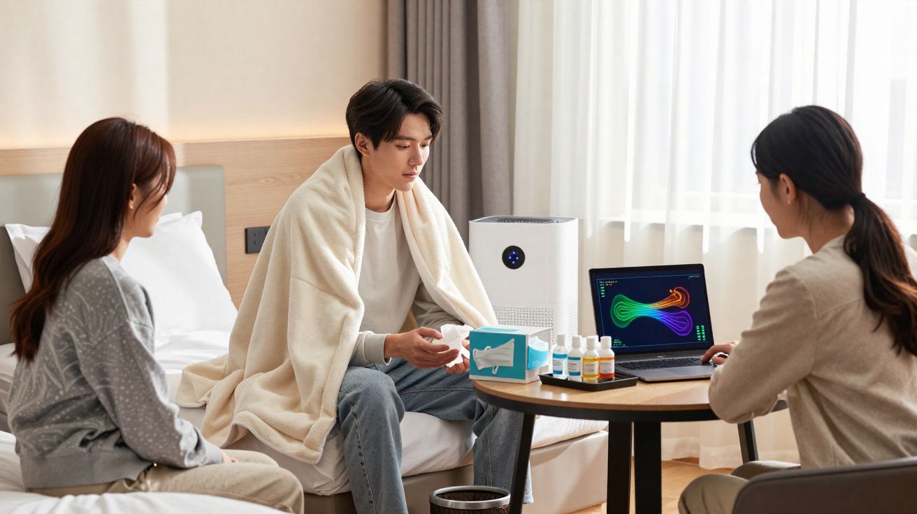 Três pessoas numa sala, uma com manta, discutem dados num computador com medicamentos numa mesa.