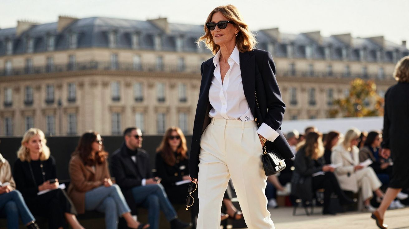 Mulher elegante de óculos escuros e roupa formal caminha em passadeira com público ao fundo.