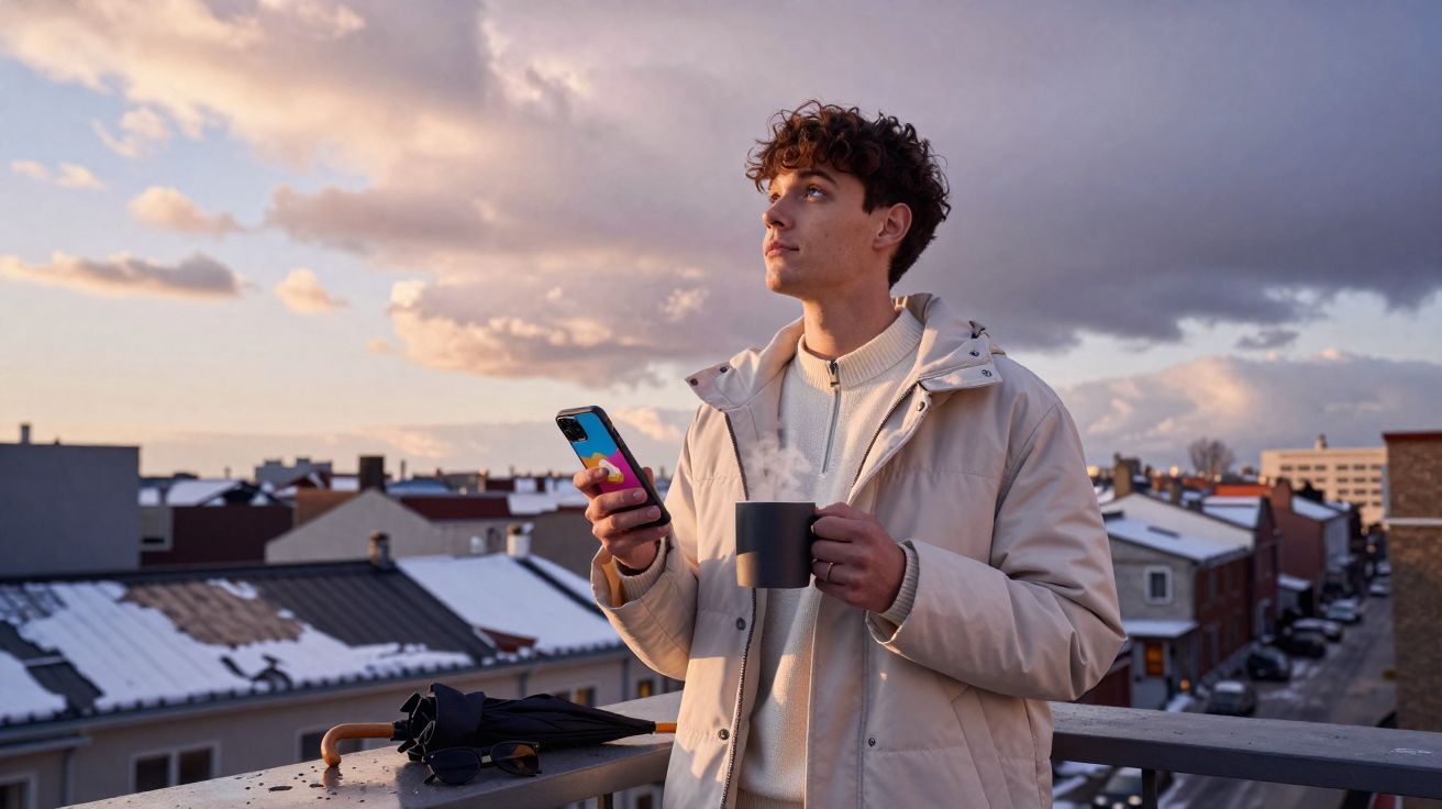 Jovem segurando telemóvel e caneca numa varanda com guarda-chuva, com vista para telhados nevados ao entardecer.