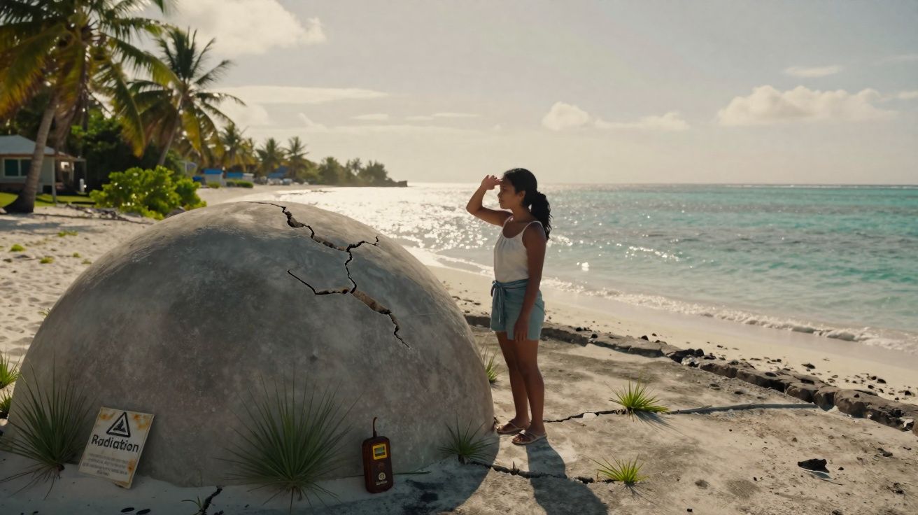 Mulher observa esfera cinzenta rachada na praia com sinal de radiação e medidor, palmeiras e mar ao fundo.