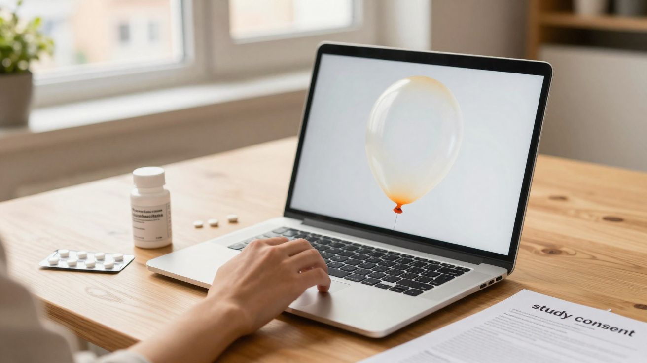 Pessoa a usar portátil com imagem de balão branco no ecrã, junto a comprimidos e papel num ambiente iluminado.