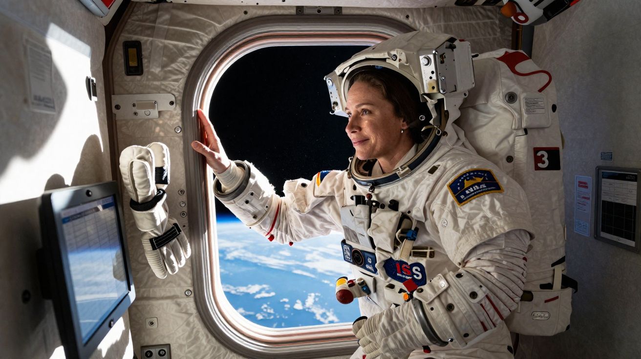 Astronauta em fato espacial observa através da janela da estação espacial com a Terra ao fundo.