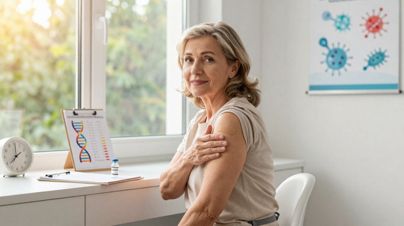 Mulher adulta mostra o braço com um penso após receber vacina num consultório médico iluminado.