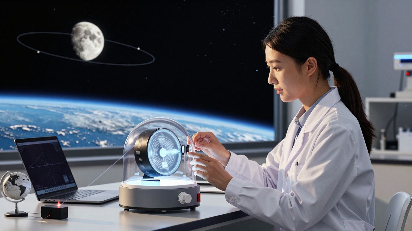 Mulher cientista em laboratório com equipamento tecnológico, computador e modelo da Terra, explorando a Lua e o espaço.