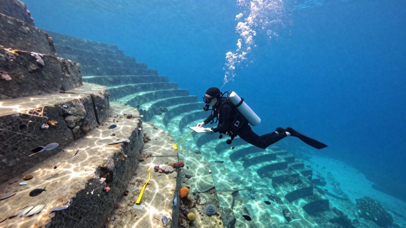 Mergulhador com equipamento a examinar escadaria submersa junto a corais no fundo do mar.