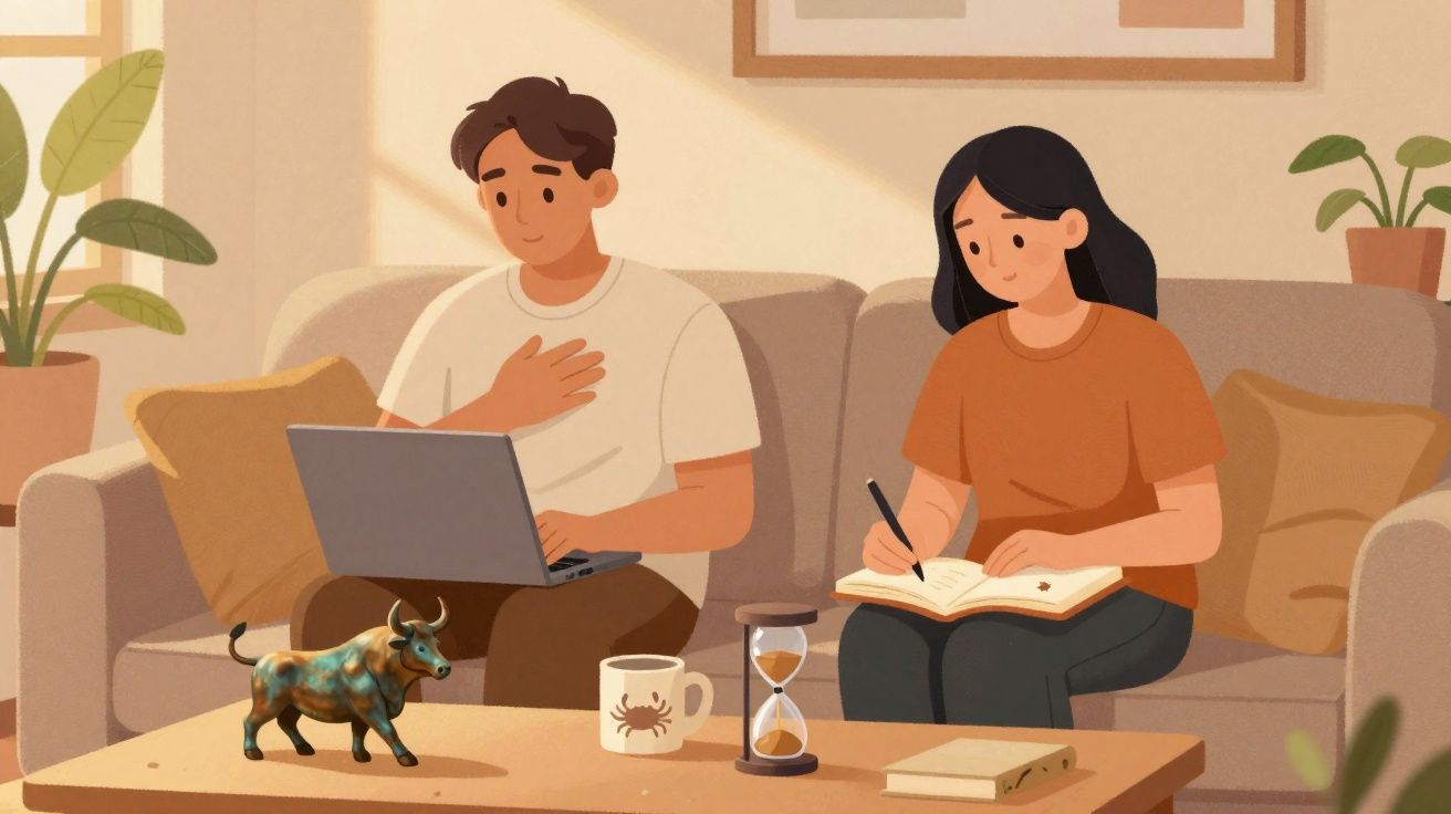 Homem e mulher sentados no sofá a trabalhar, com portátil, caderno, ampulheta e objetos sobre a mesa de centro.