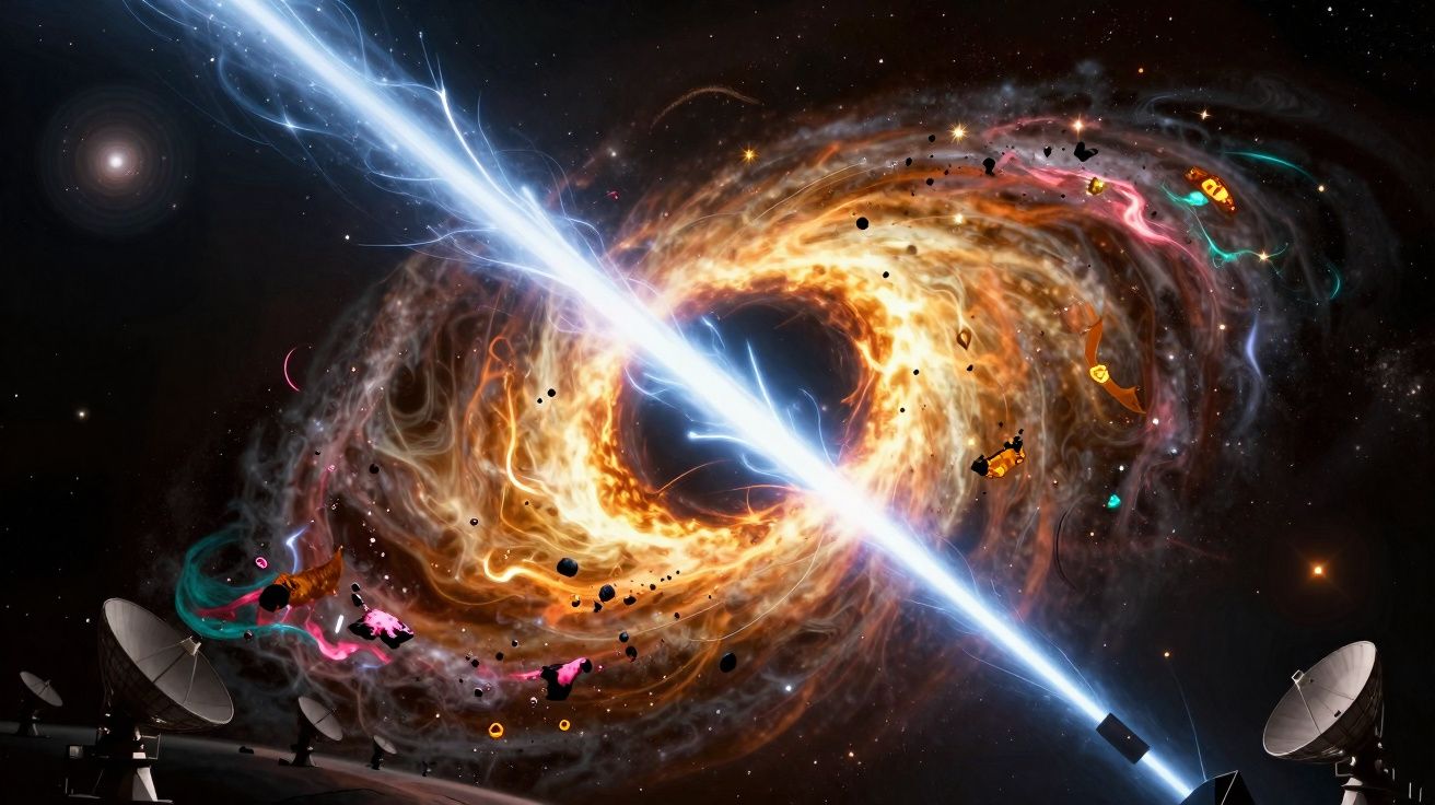 Buraco negro ativo emitindo jatos de energia com detritos ao redor, sob céu estrelado e antenas parabólicas.