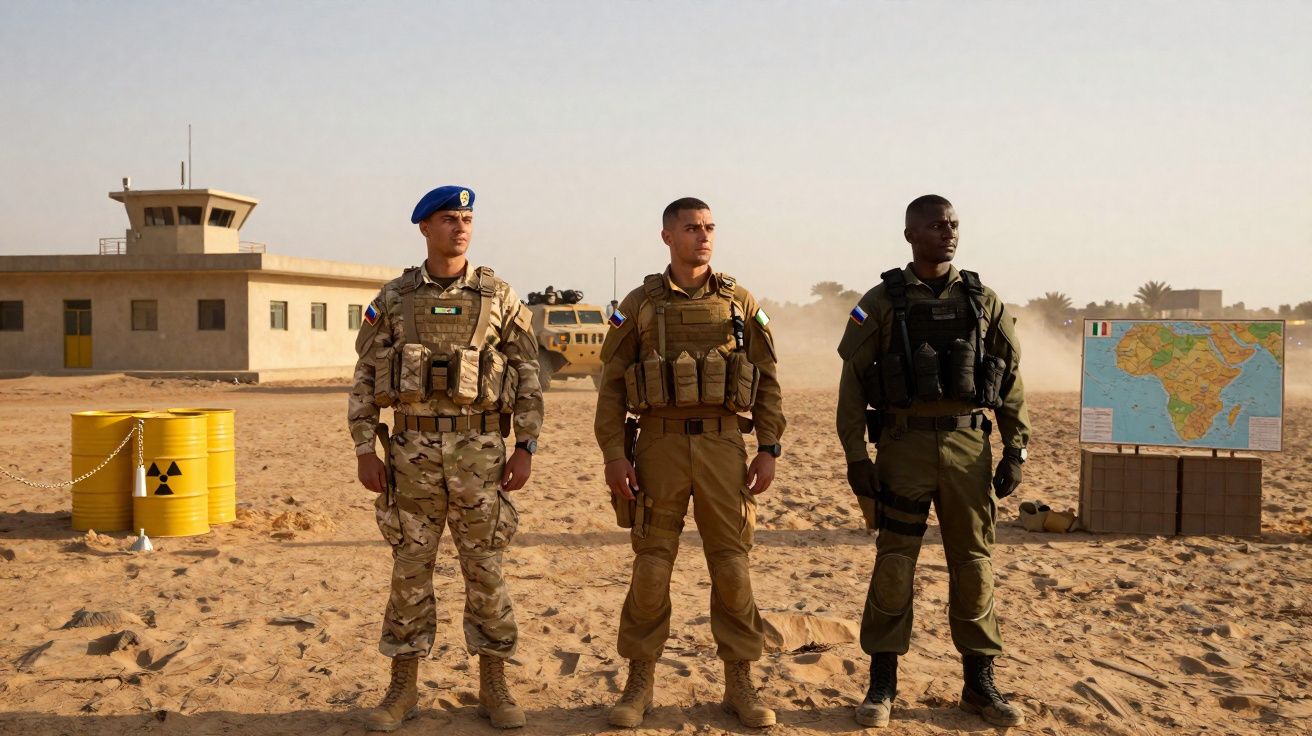 Três soldados em uniforme em posição na areia com barris amarelos e mapa da África ao fundo.