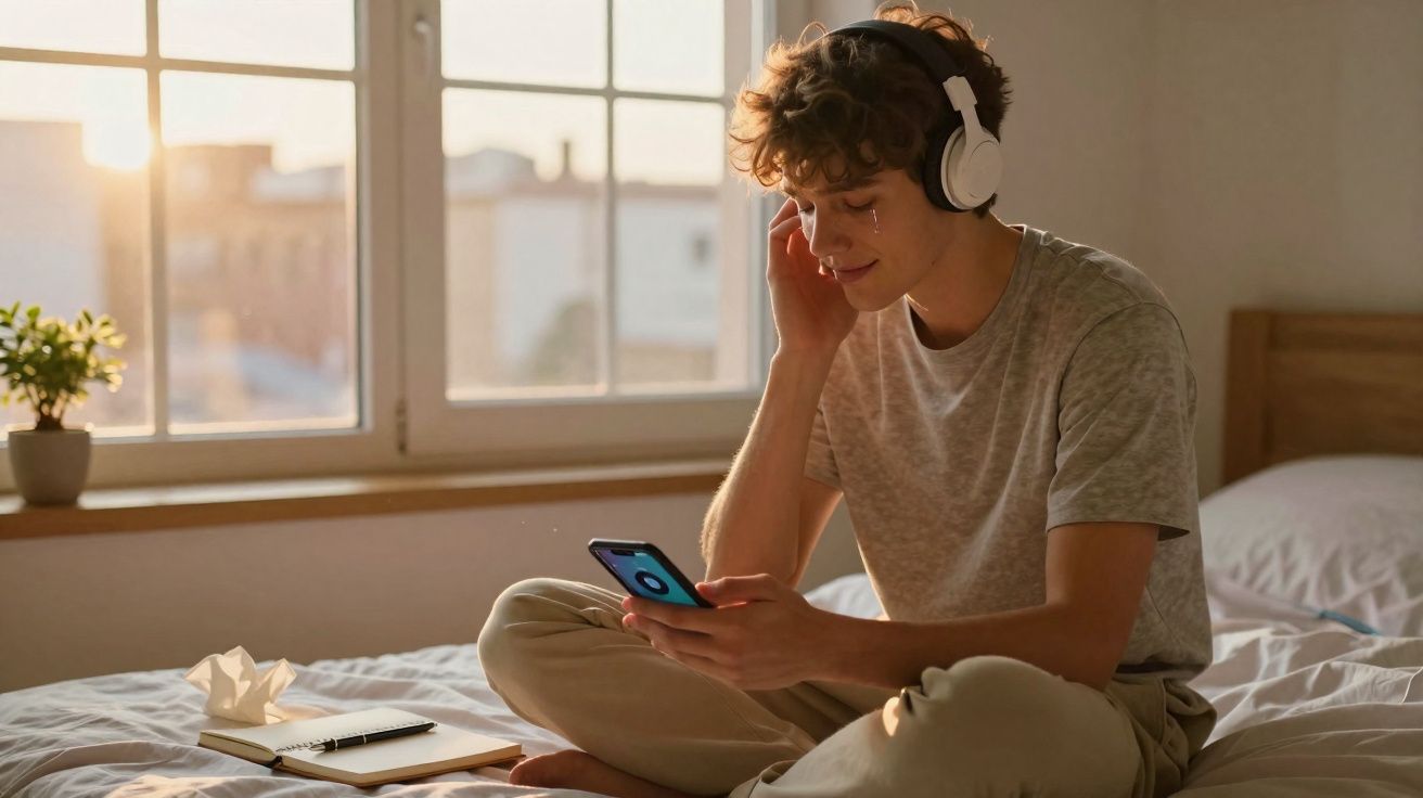 Jovem sentado na cama a ouvir música com auscultadores e a usar telemóvel, luz natural entra pela janela.