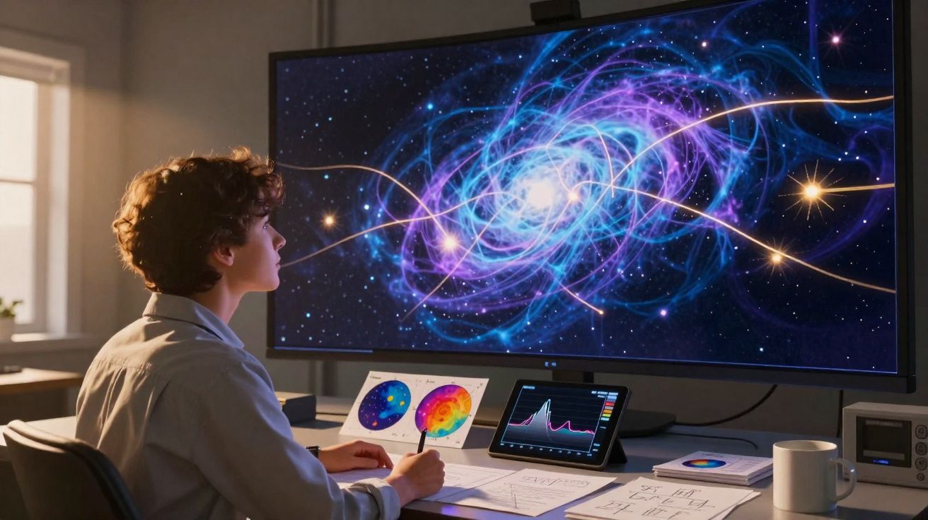 Pessoa a analisar imagens e gráficos científicos de galáxias numa ecrã grande num escritório.