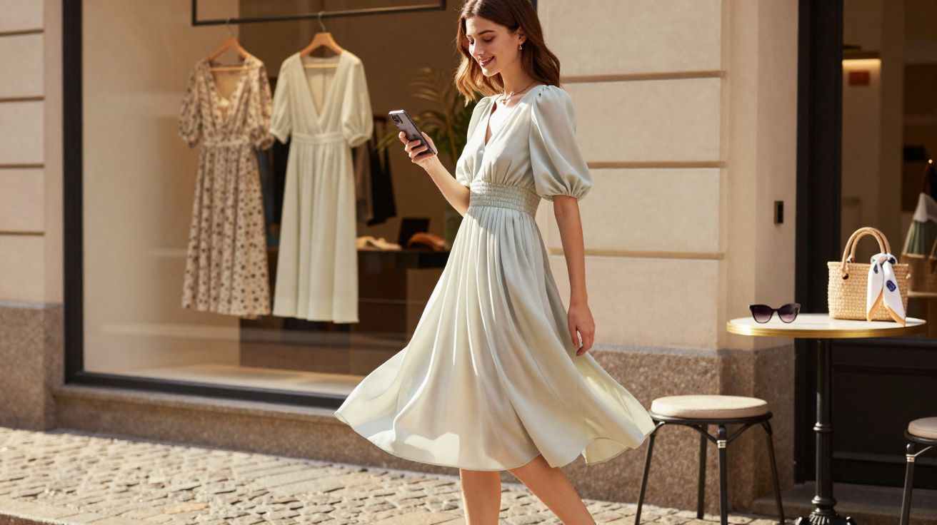 Mulher sorridente com vestido claro a olhar para o telemóvel, junto a montra de loja de vestidos.