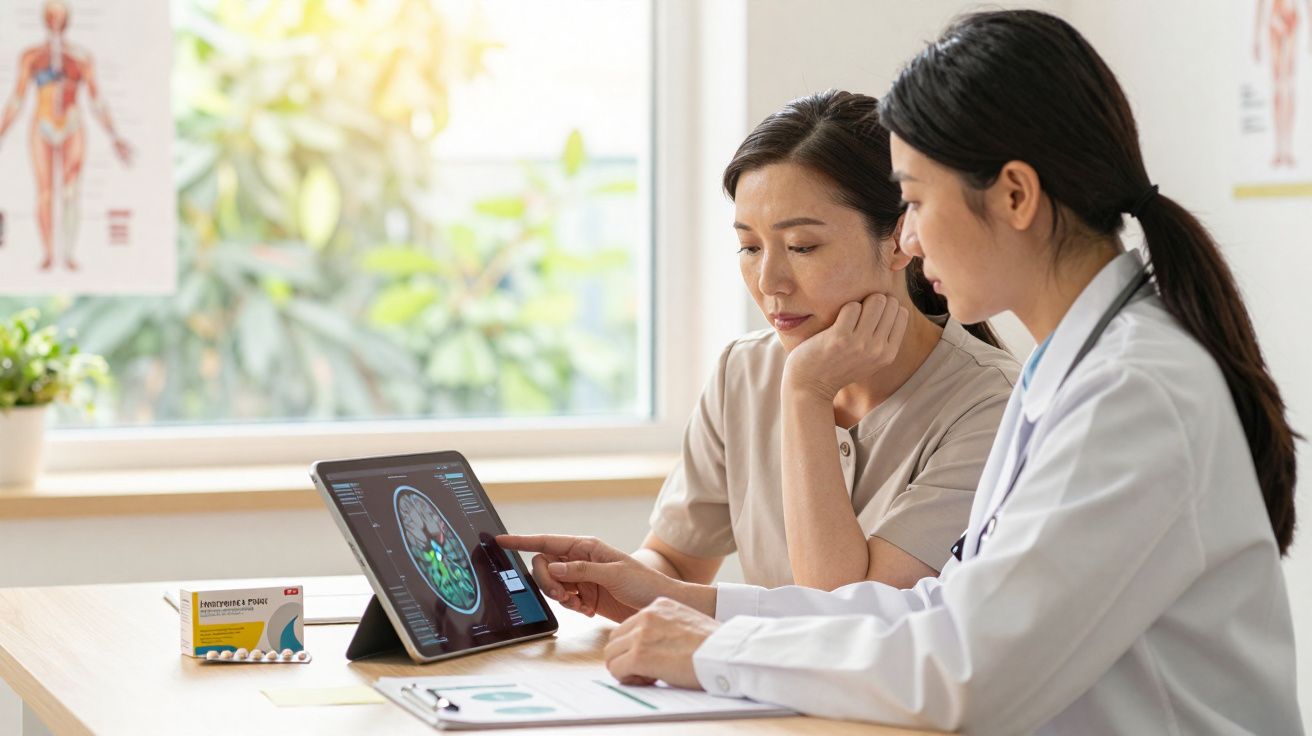 Médica e paciente analisam imagens cerebrais num tablet durante consulta num consultório iluminado.
