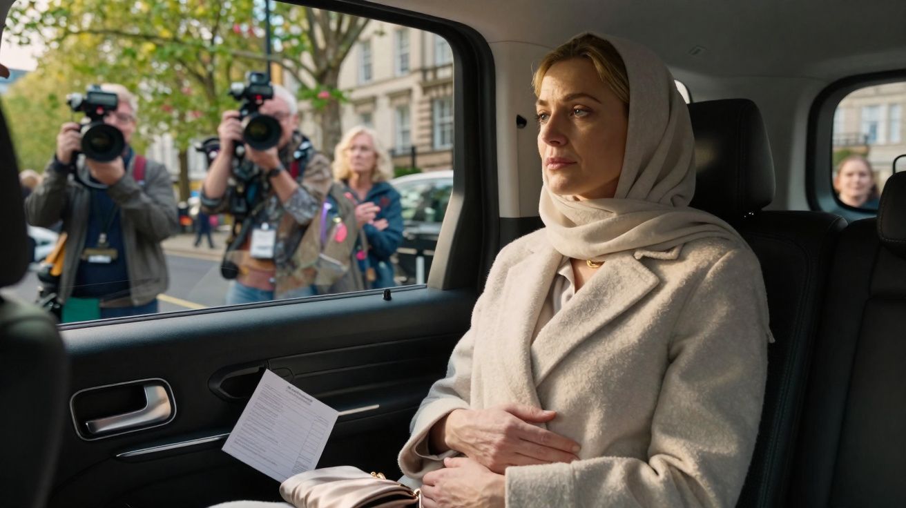 Mulher de casaco e lenço na cabeça sentada num carro, com fotógrafos do lado de fora fazendo fotos.