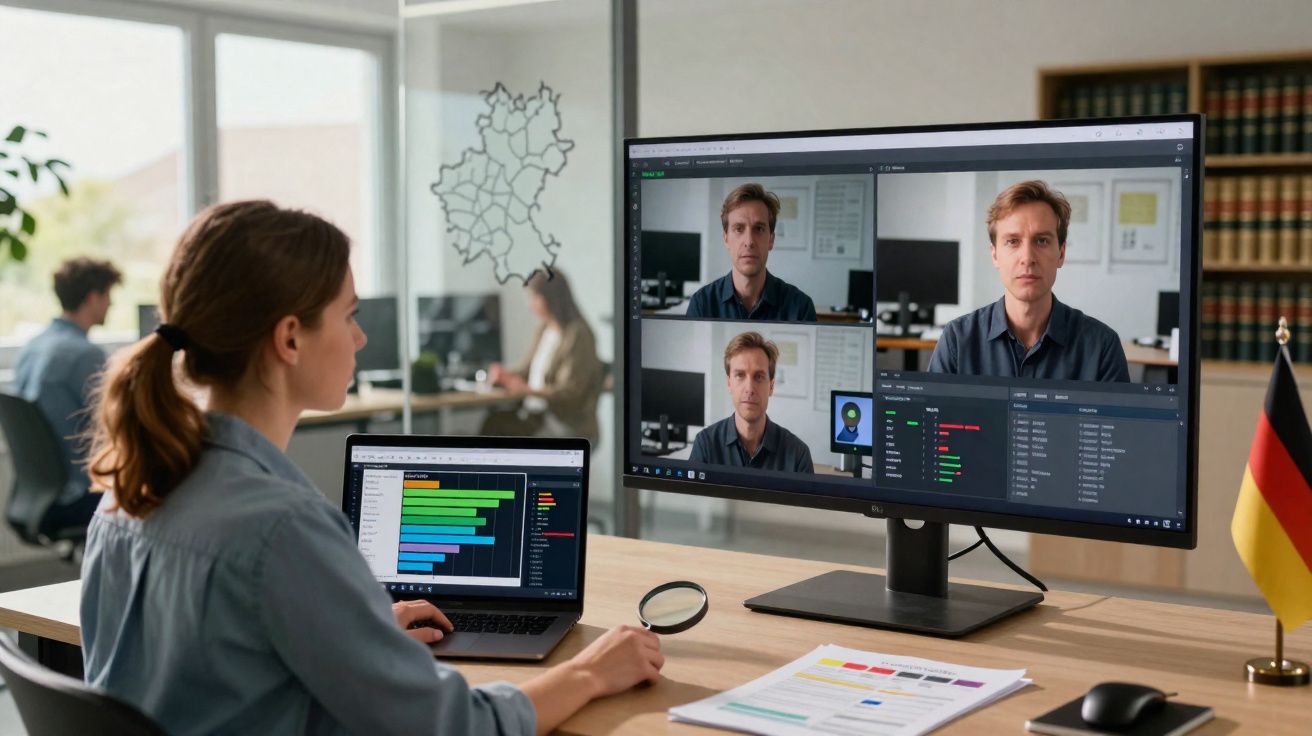 Mulher numa videoconferência com homem, ao computador, em ambiente de escritório moderno.